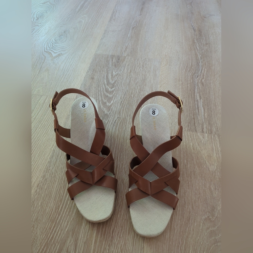 NEW COLE HAAN Crystal Wedge Strappy Leather Sandals, Honey Sz8 - Picture 2 of 6
